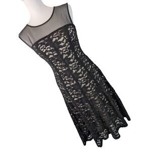 R & M RICHARDS! SWEET BLACK STRETCH LACE OVER NUDE, SHEER SHOULDER DRESS! SZ 6